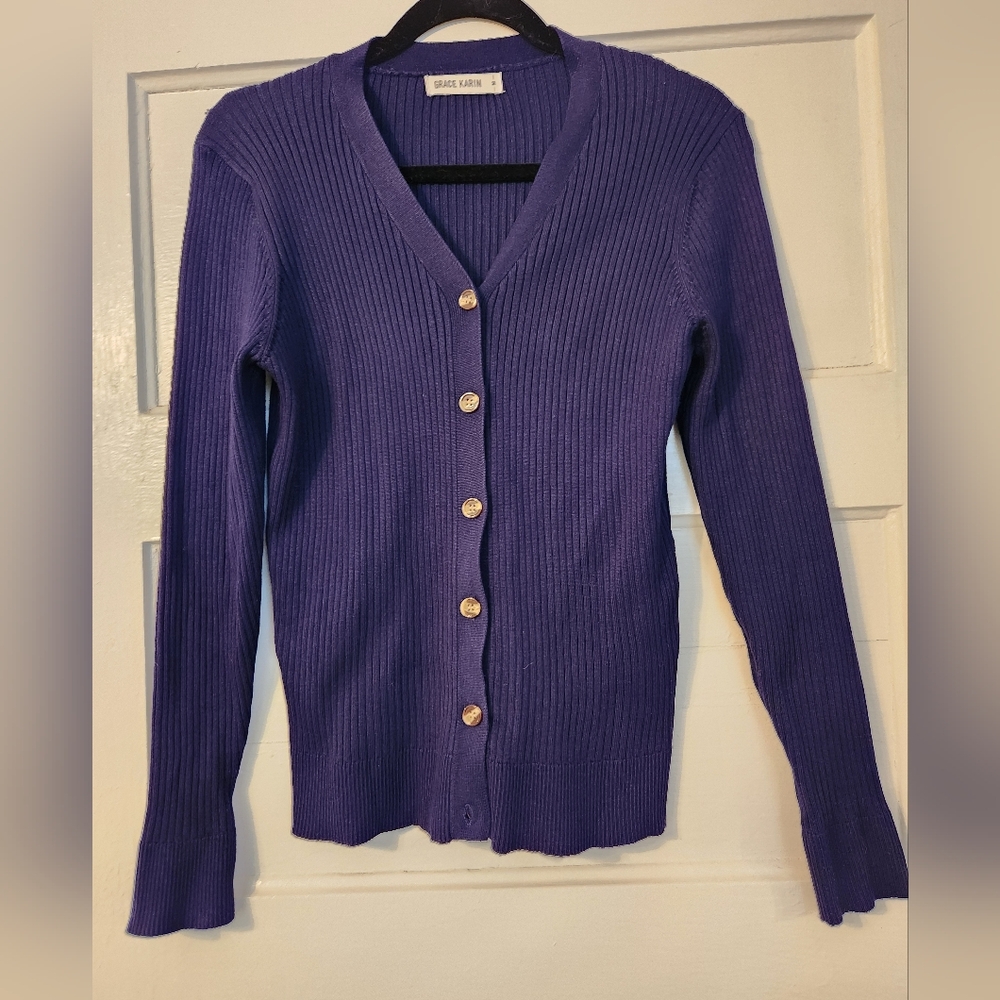 Grace Karin Cardigan Sweater, Navy Blue, Button Front, Sz Med Classic Ribbed EUC